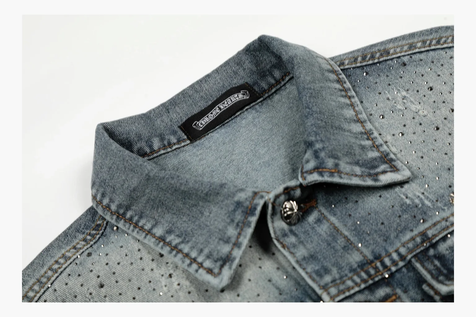 Chrome Hearts Rhinestone Denim Jacket Washed Blue Product Image thumbnail 3