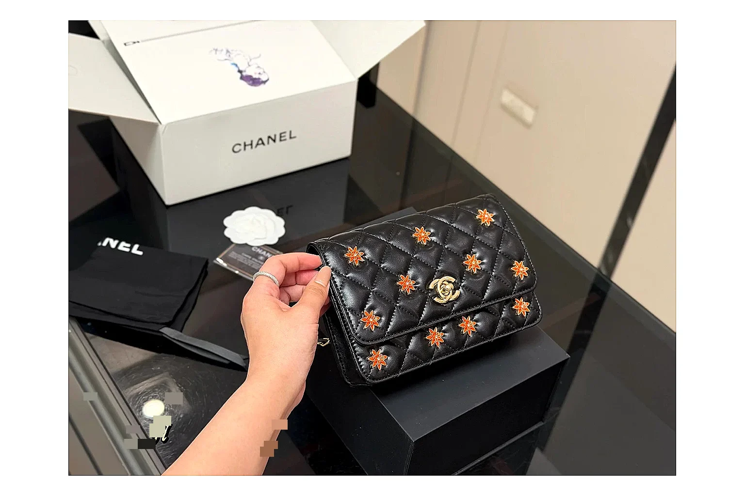 Chanel Quilted Wallet Bag Black Floral Product Image
