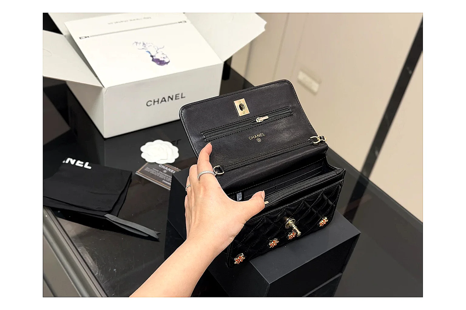 Chanel Quilted Wallet Bag Black Floral Product Image thumbnail 3