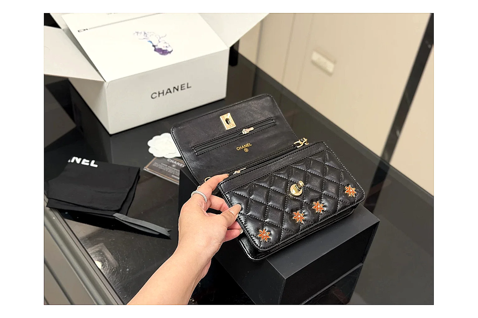 Chanel Quilted Wallet Bag Black Floral Product Image thumbnail 5